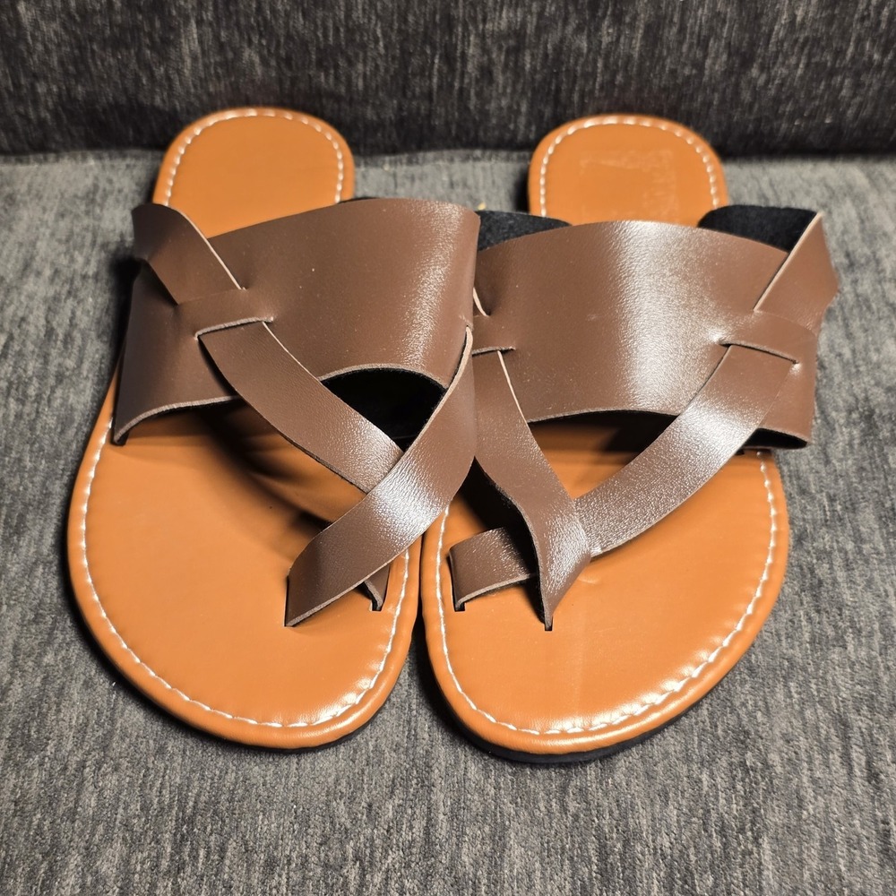 Brown Crisscross Toe Loop Flat Slide Sandals Women Sz 10.5 Cognac Strappy Shoes